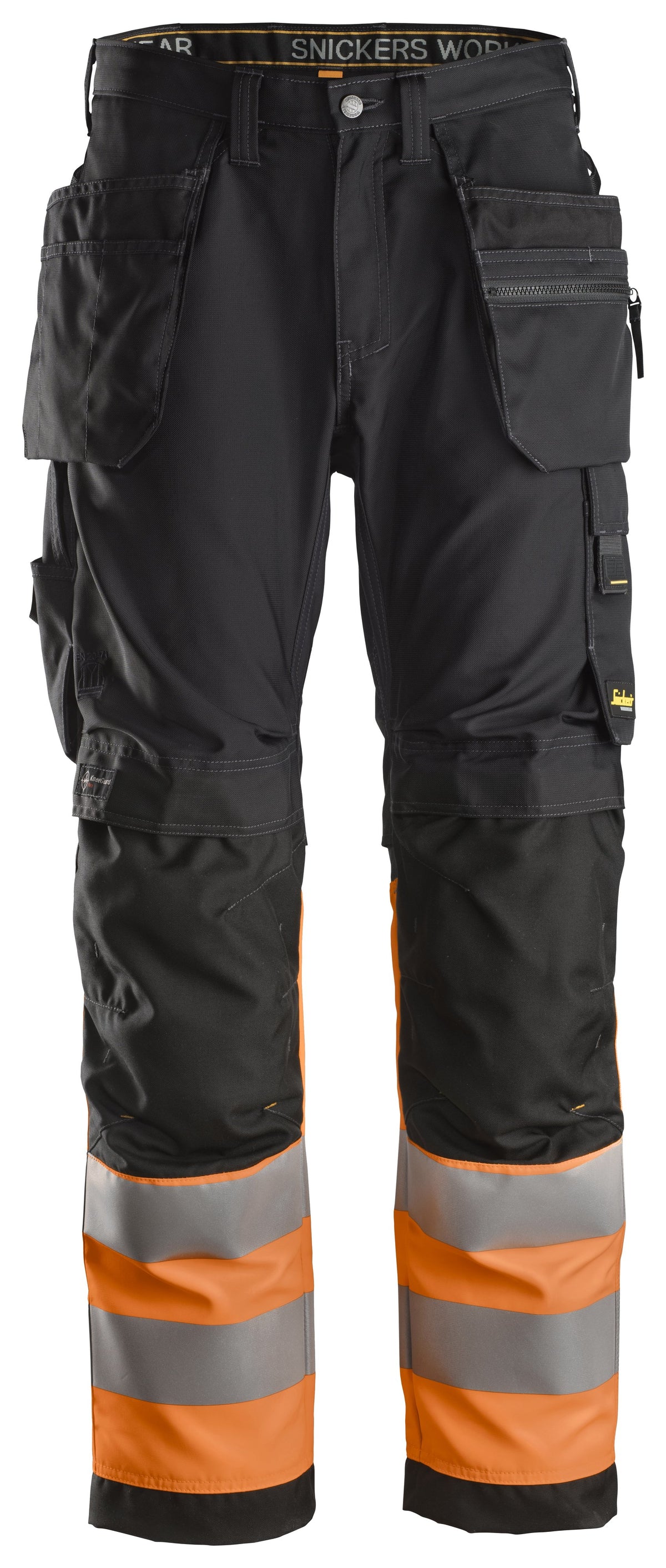 Snickers Workwear High-Vis Work Trousers+ Holster Pockets Class 1 in Black/Hi-Vis Orange