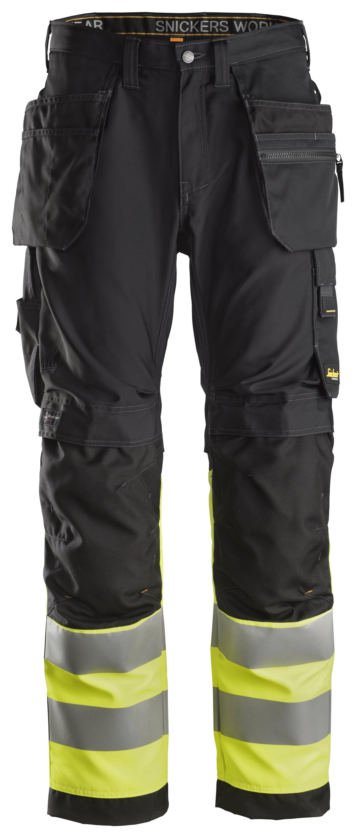 Snickers Workwear High-Vis Work Trousers+ Holster Pockets Class 1 in Black/Hi-Vis Yellow