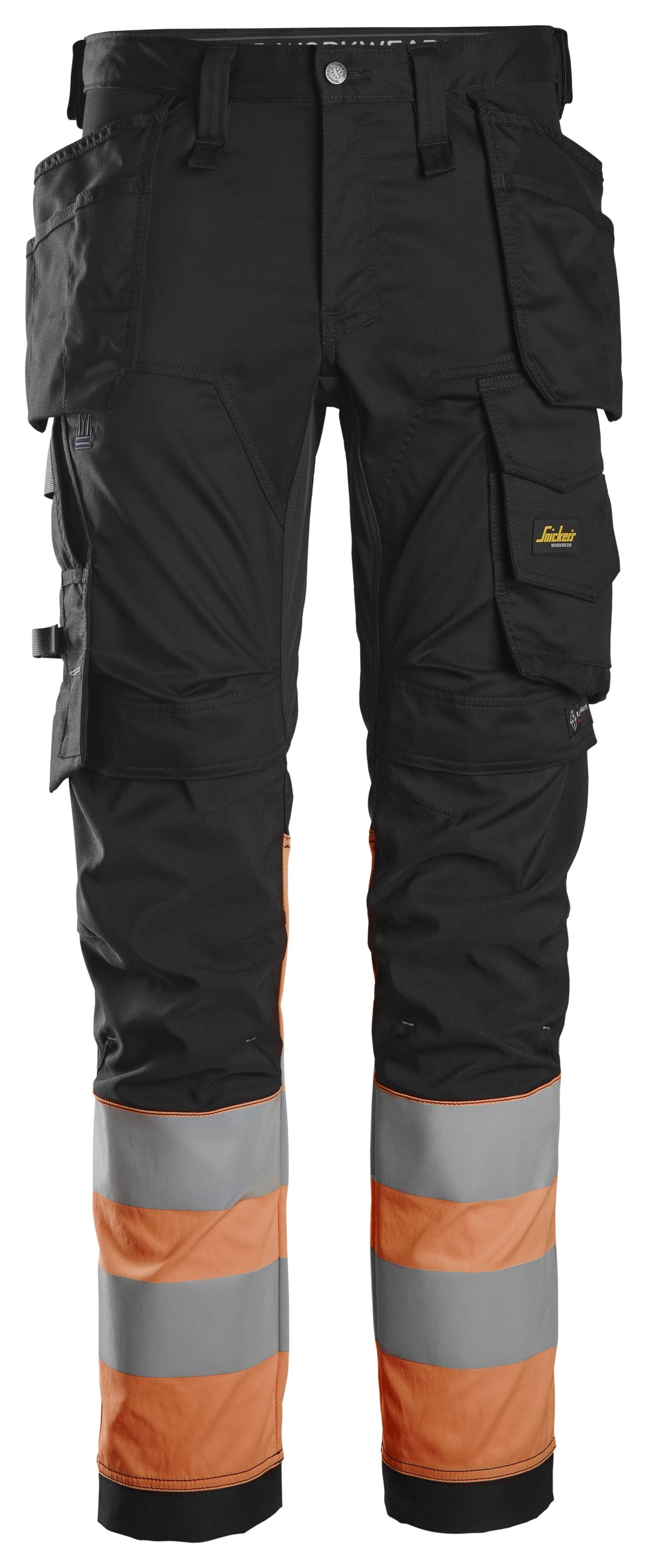 Snickers Workwear High-Vis Class 1, Stretch Trousers Holster Pockets in Black/Hi-Vis Orange