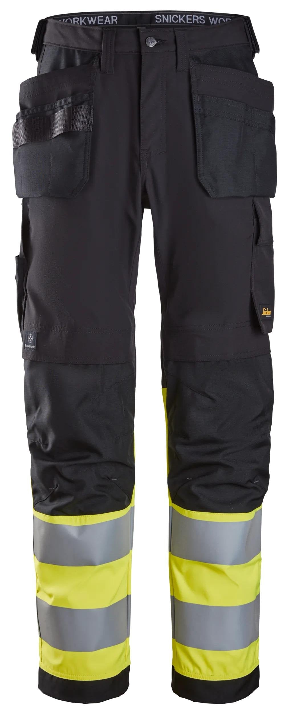 Snickers Workwear High-Vis Class 1, Trousers Holster Pockets in Black/Hi-Vis Yellow