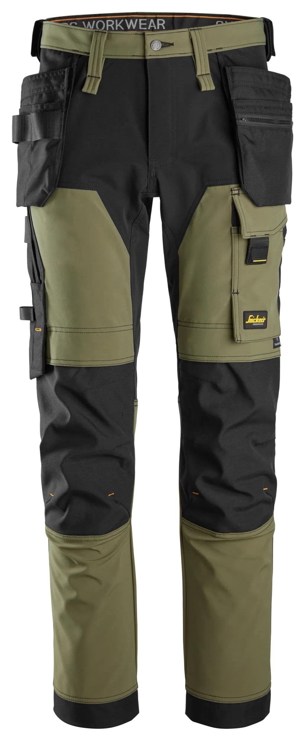 Snickers Workwear AllroundWork, 4-way Stretch Trousers Holster Pockets in Khaki Green/Black