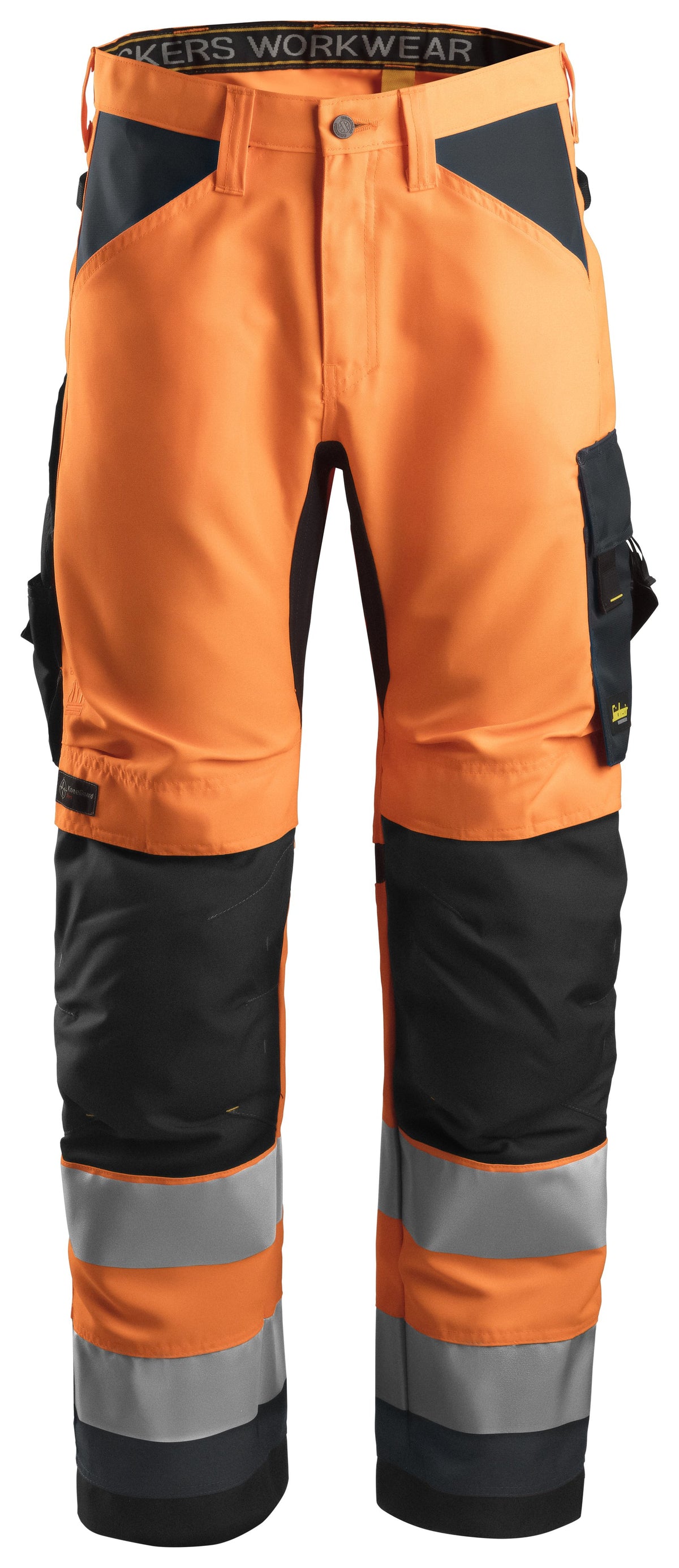 Snickers Workwear High-Vis Class 2, Work Trousers+ Holster Pockets in Hi-Vis Orange/Steel Grey