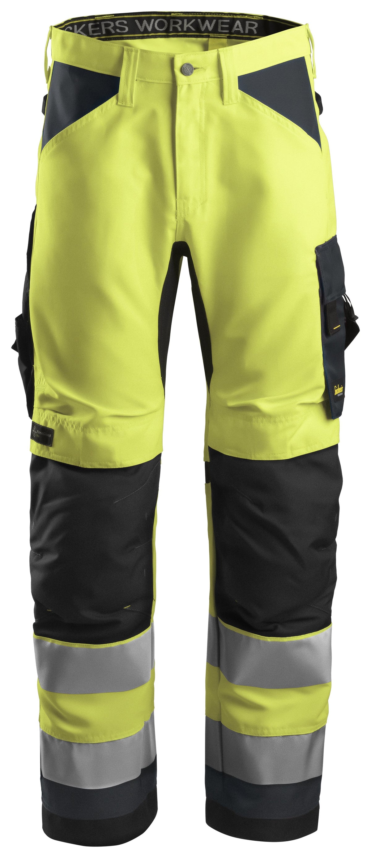 Snickers Workwear High-Vis Class 2, Work Trousers+ Holster Pockets in Hi-Vis Yellow/Steel Grey