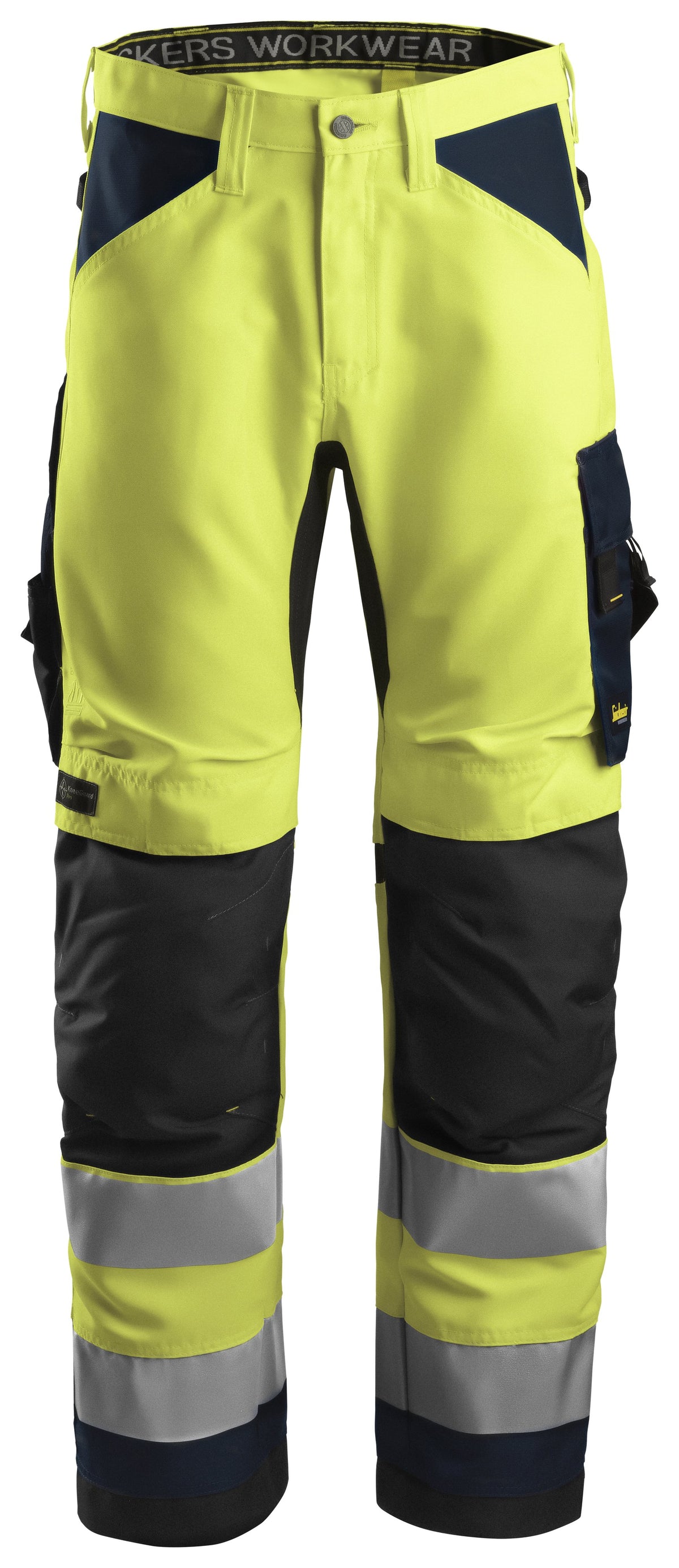 Snickers Workwear High-Vis Class 2, Work Trousers+ Holster Pockets in Hi-Vis Yellow/Navy