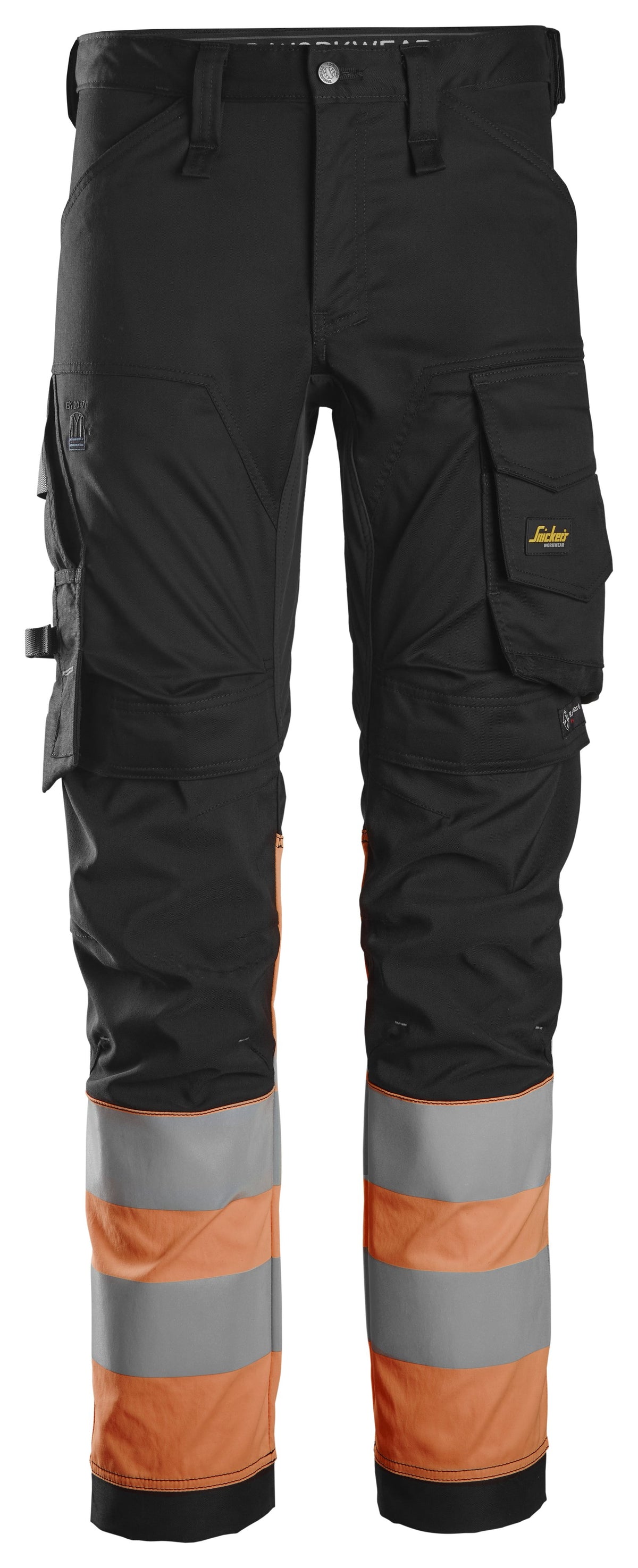 Snickers Workwear High-Vis Class 1, Stretch Trousers in Black/Hi-Vis Orange
