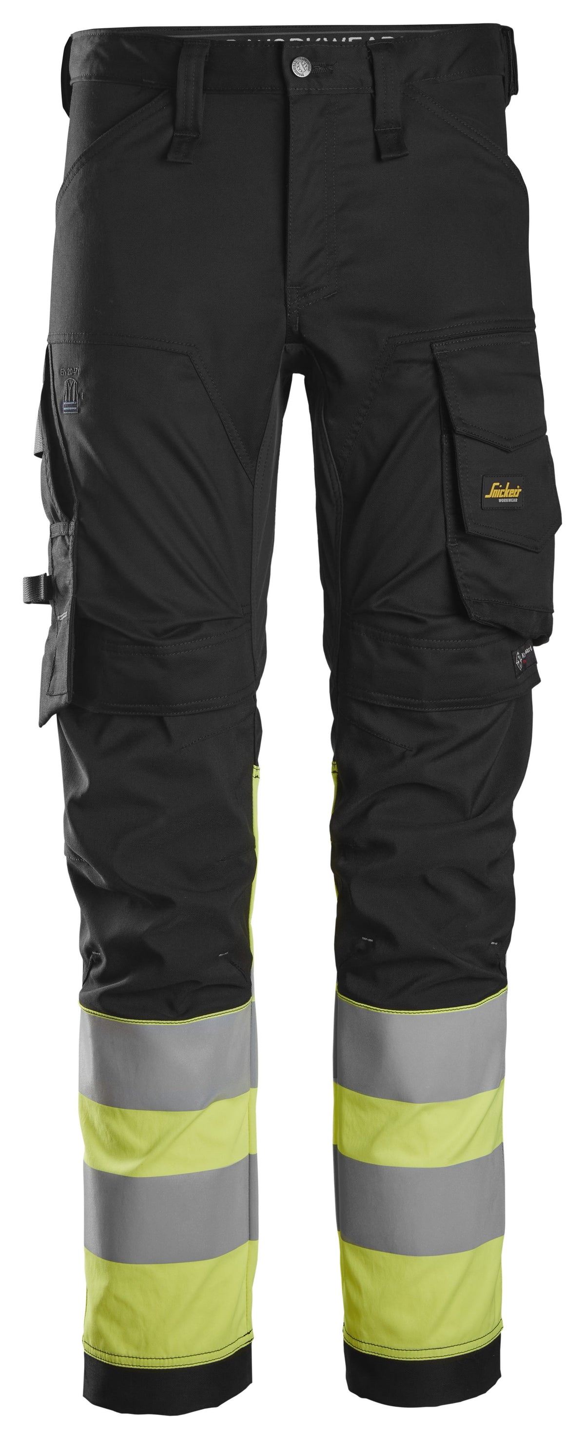 Snickers Workwear High-Vis Class 1, Stretch Trousers in Black/Hi-Vis Yellow