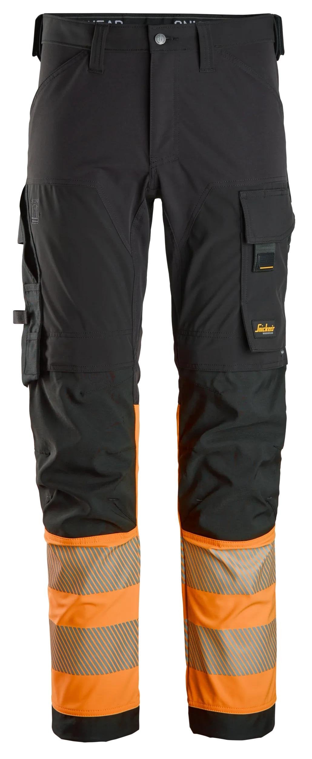 Snickers Workwear High-Vis Class 1, 4-way Stretch Trousers in Black/Hi-Vis Orange
