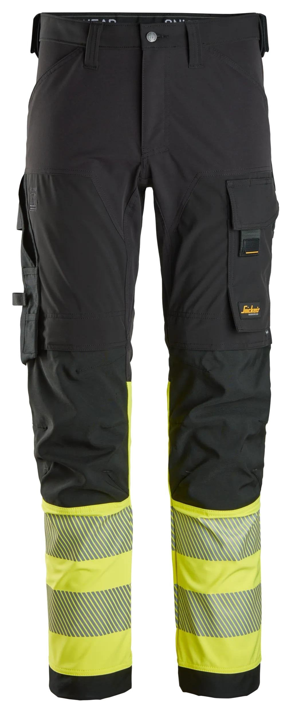 Snickers Workwear High-Vis Class 1, 4-way Stretch Trousers in Black/Hi-Vis Yellow