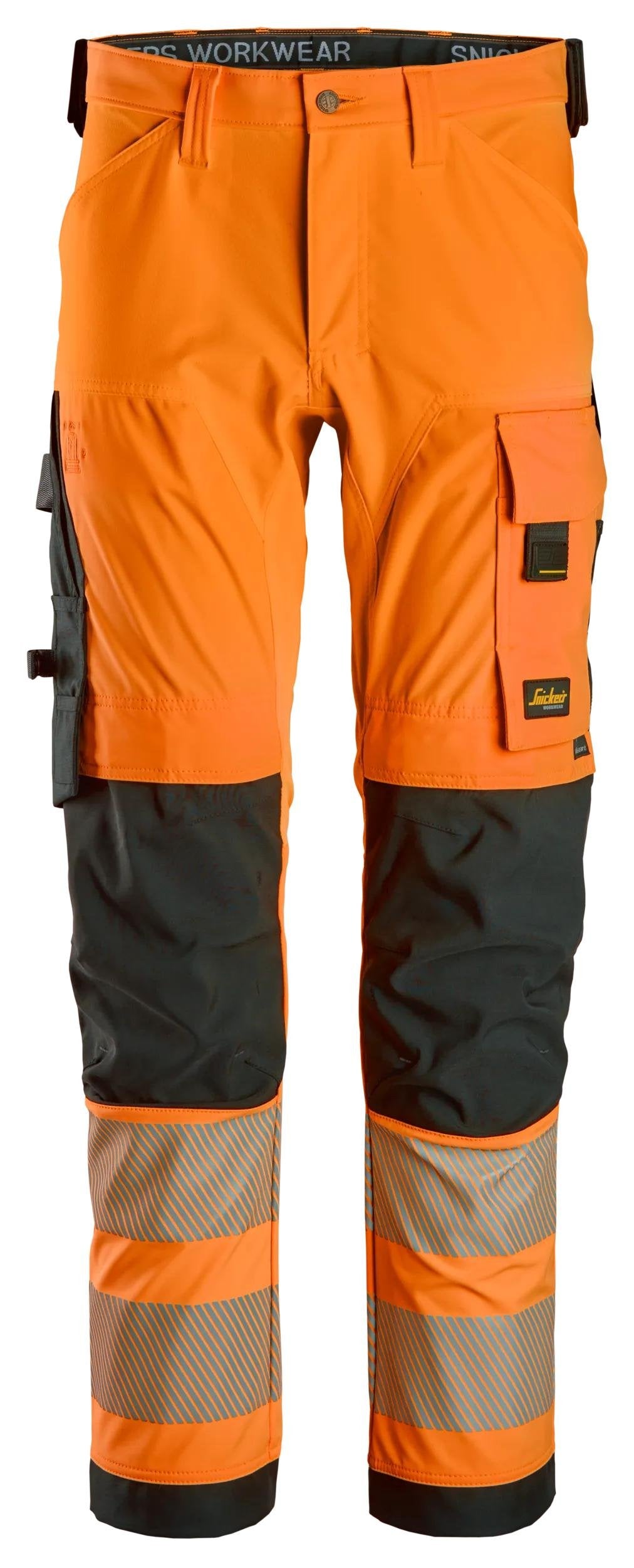 Snickers Workwear High-Vis Class 2, 4-way Stretch Trousers in Hi-Vis Orange/Black