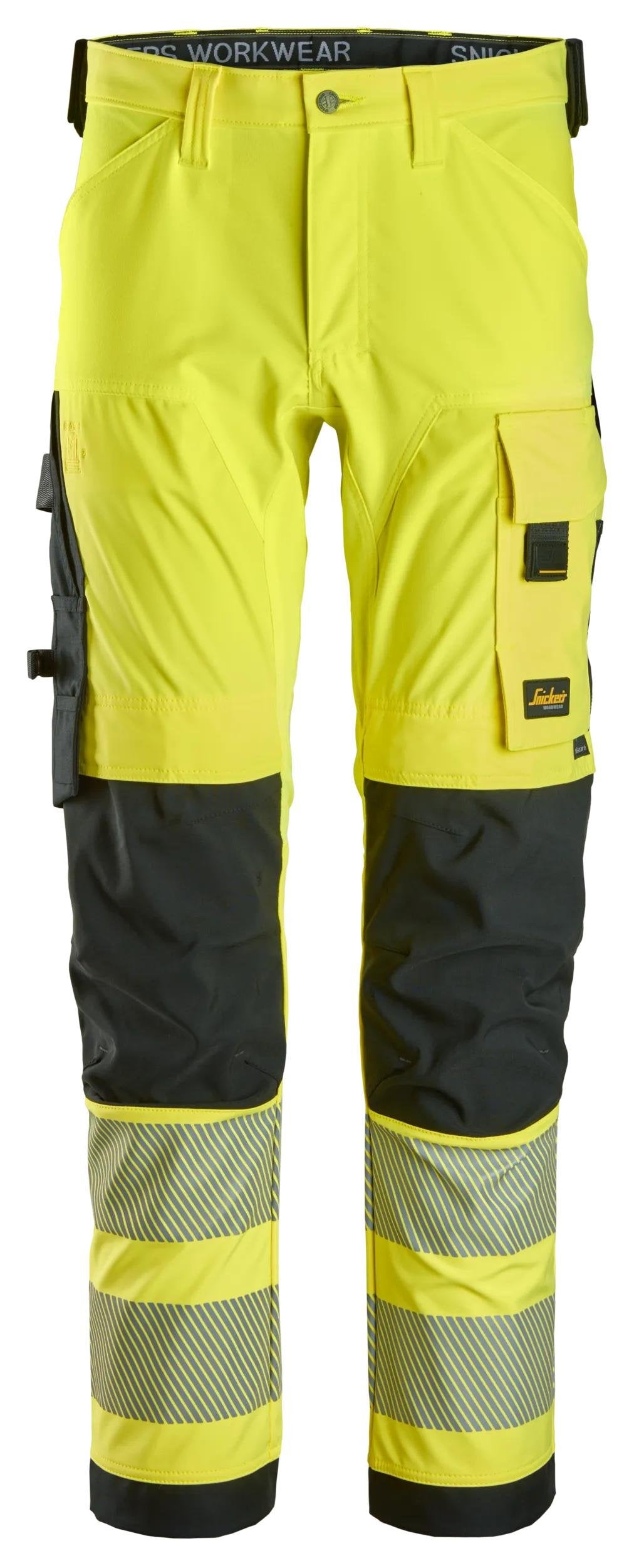 Snickers Workwear High-Vis Class 2, 4-way Stretch Trousers in Hi-Vis Yellow/Black