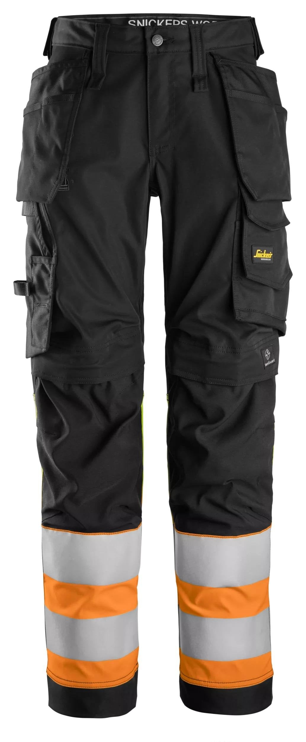 Snickers Workwear High-Vis Class 1, Women's Stretch Trouser Holster Pockets in Black/Hi-Vis Orange