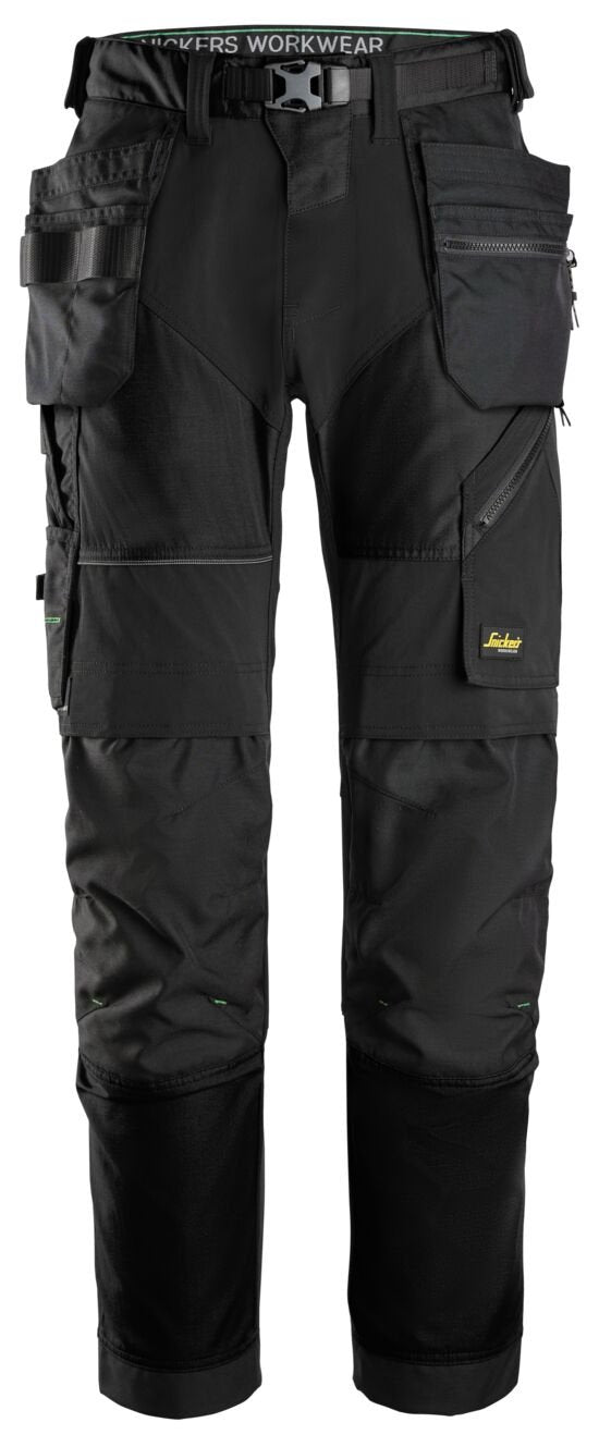 Snickers Workwear FlexiWork, Work Trousers+ Holster Pockets in Black/Black