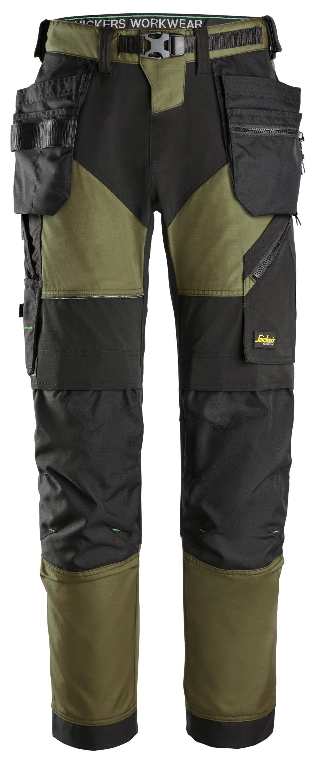 Snickers Workwear FlexiWork, Work Trousers+ Holster Pockets in Khaki Green/Black