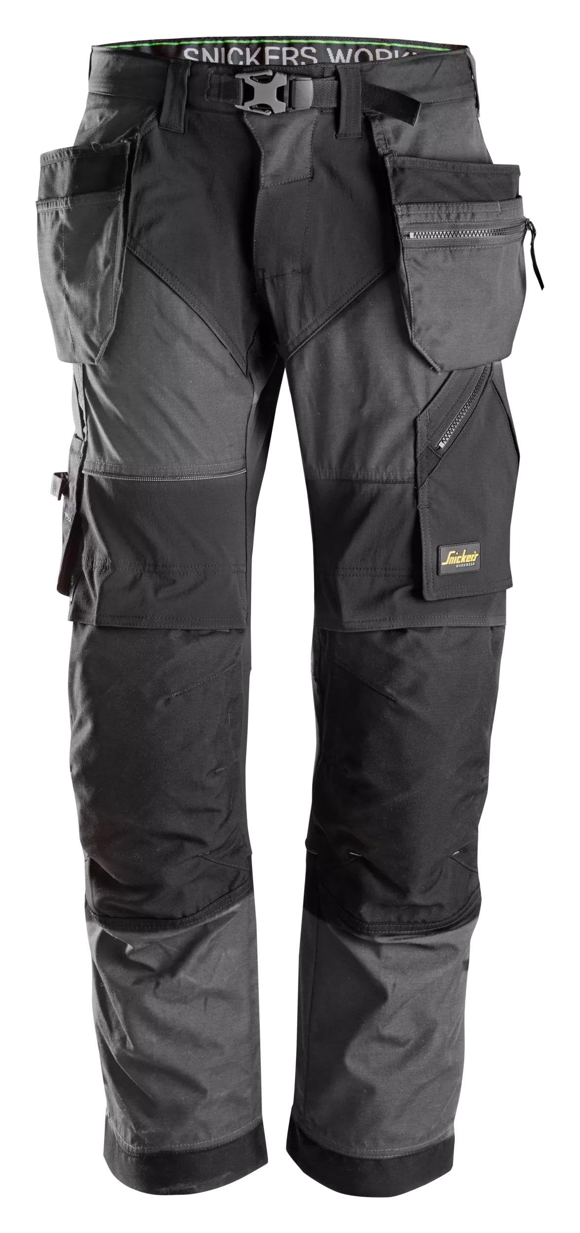 Snickers Workwear FlexiWork, Work Trousers+ Holster Pockets in Steel Grey/Black