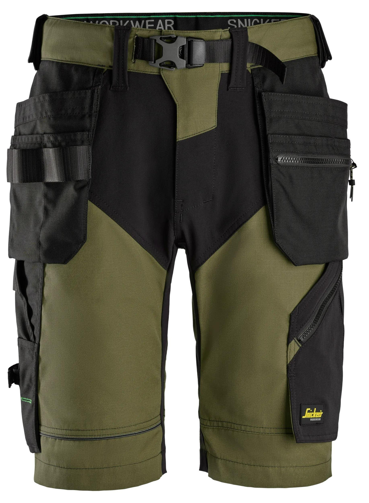 Snickers Workwear FlexiWork, Work Shorts+ Holster Pockets in Khaki Green/Black
