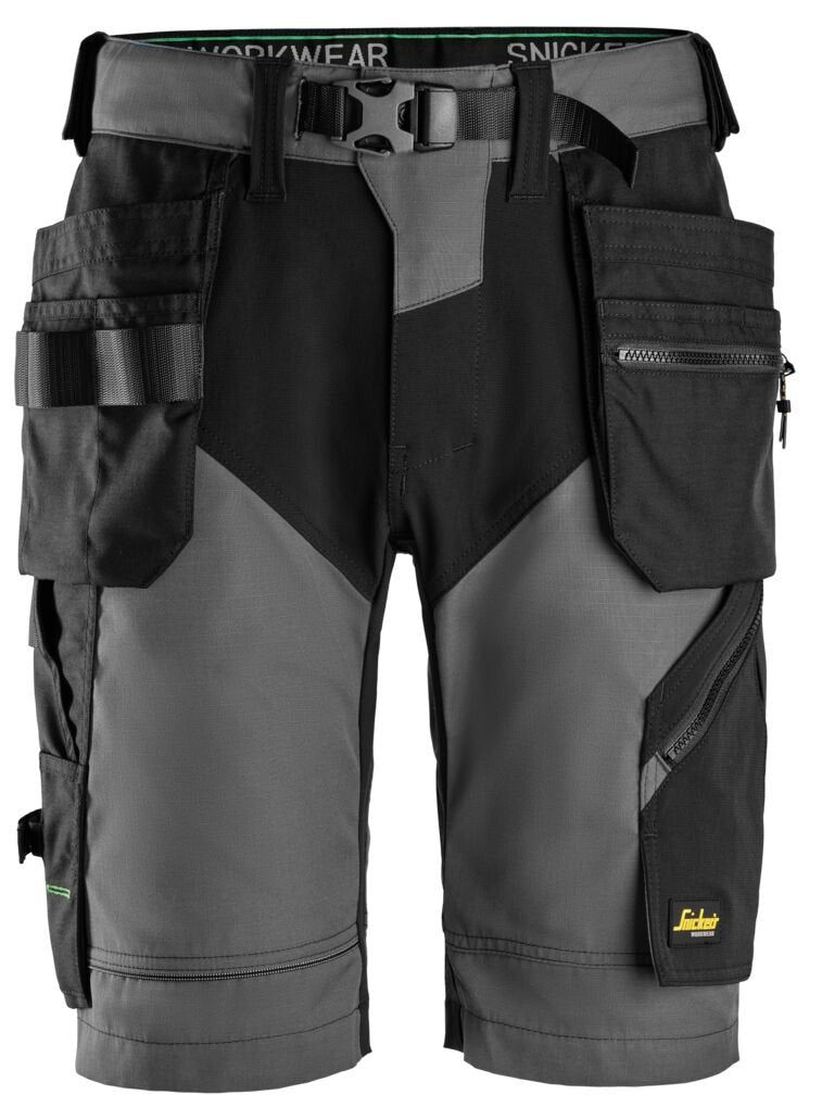 Snickers Workwear FlexiWork, Work Shorts+ Holster Pockets in Steel Grey/Black