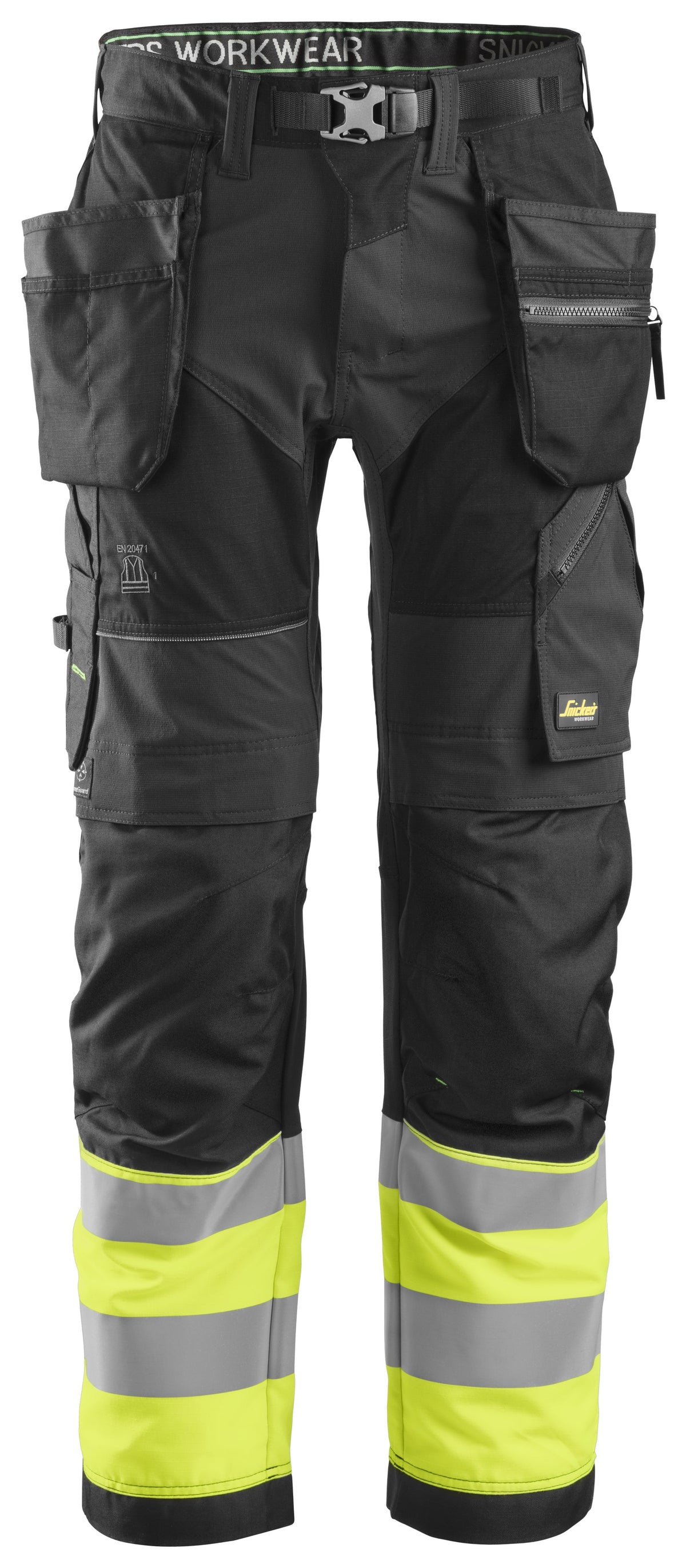 Snickers Workwear High-Vis Class 1, Work Trousers+ Holster Pockets in Black/Hi-Vis Yellow