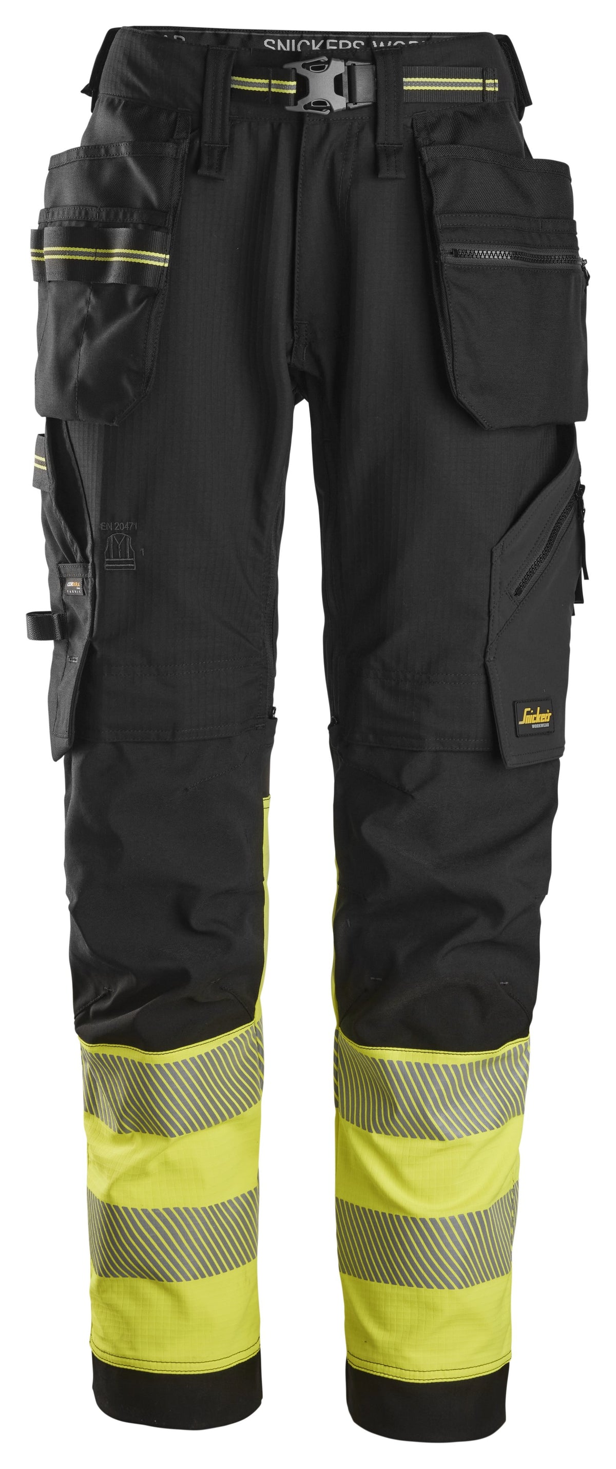 Snickers Workwear High-Vis Class 1, Stretch Work Trousers Holster Pockets in Black/Hi-Vis Yellow