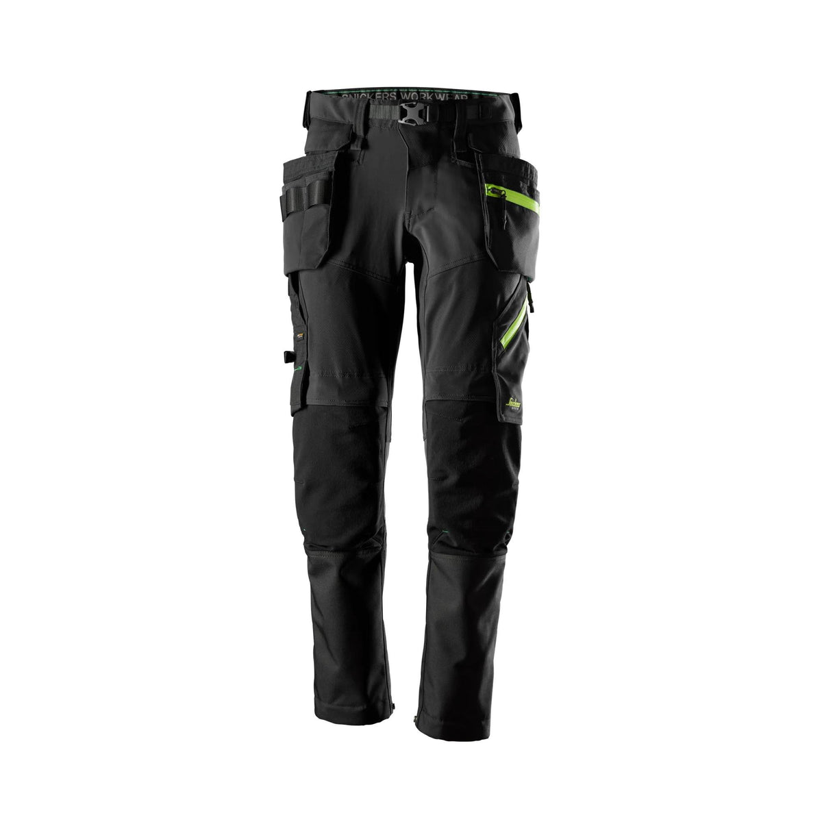 Snickers Workwear FlexiWork, Softshell Stretch Trousers+ Holster Pockets in Black/Neon Yellow