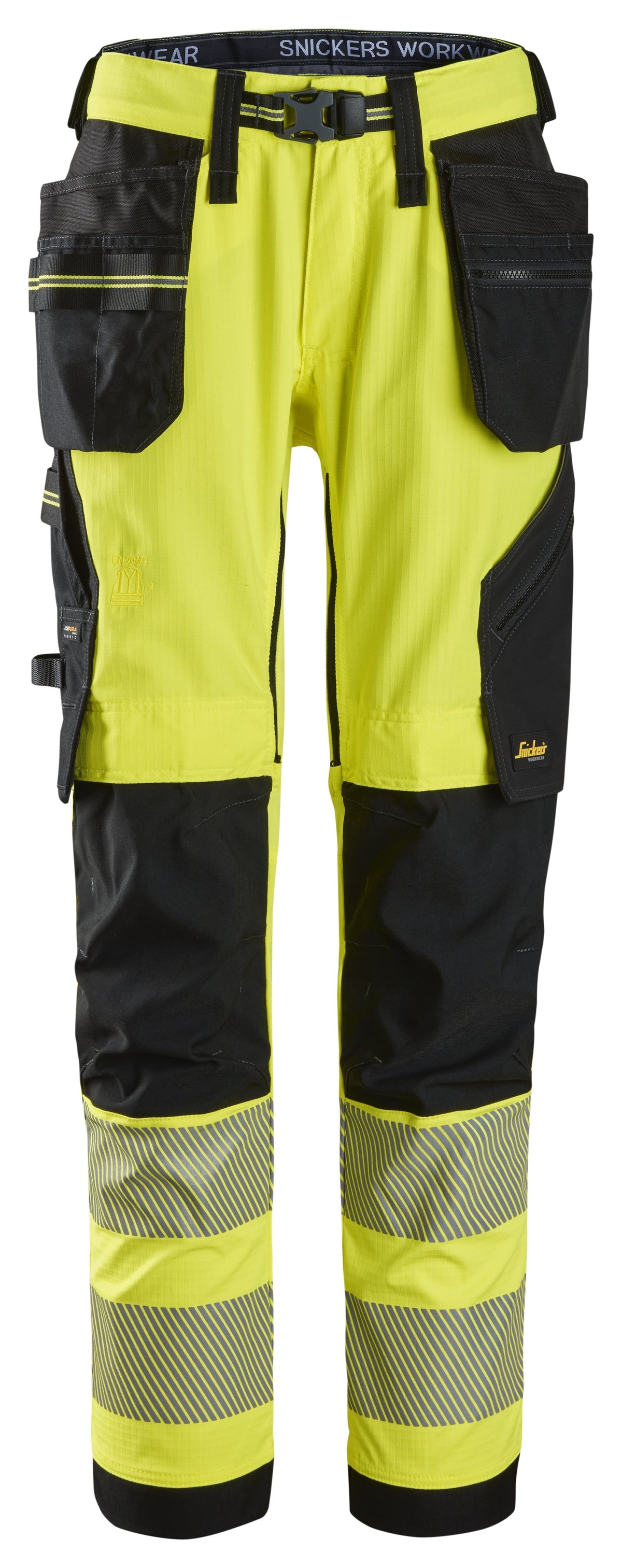 Snickers Workwear High-Vis Class 2, Stretch Work Trousers Holster Pockets in Hi-Vis Yellow/Black