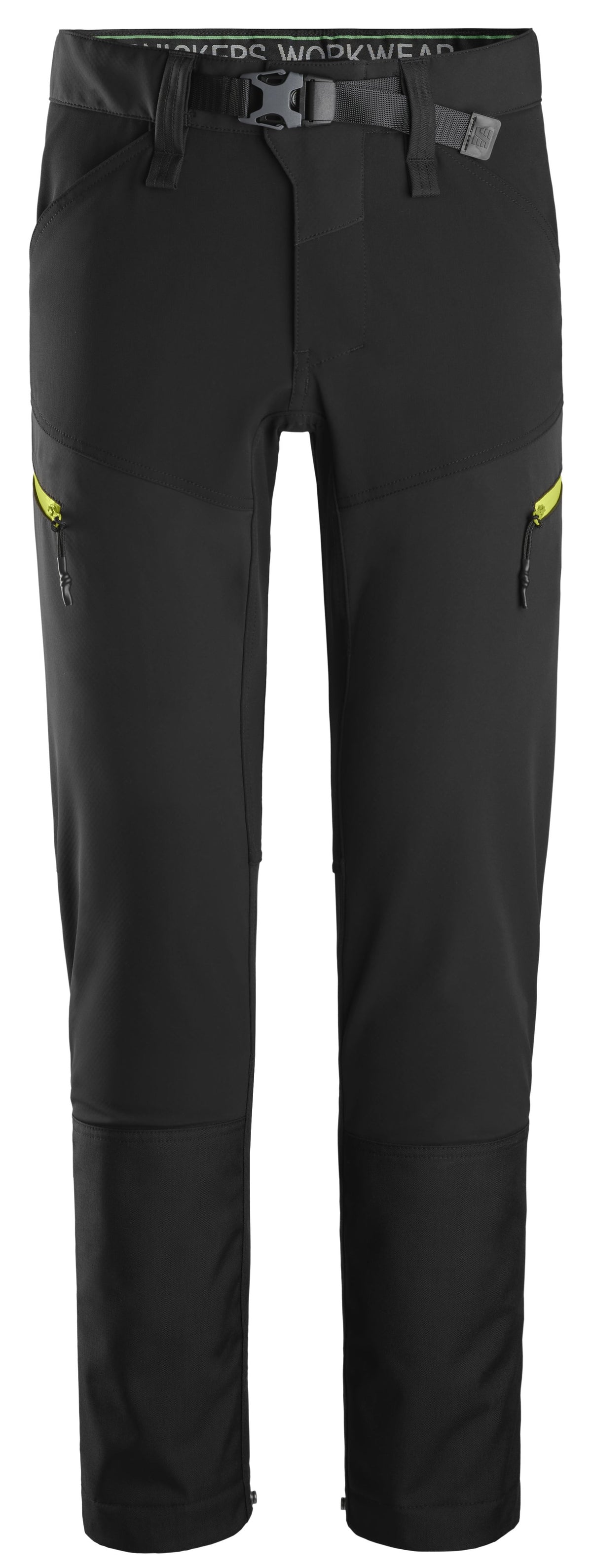 Snickers Workwear FlexiWork, Softshell Stretch Trousers in Black/Neon Yellow