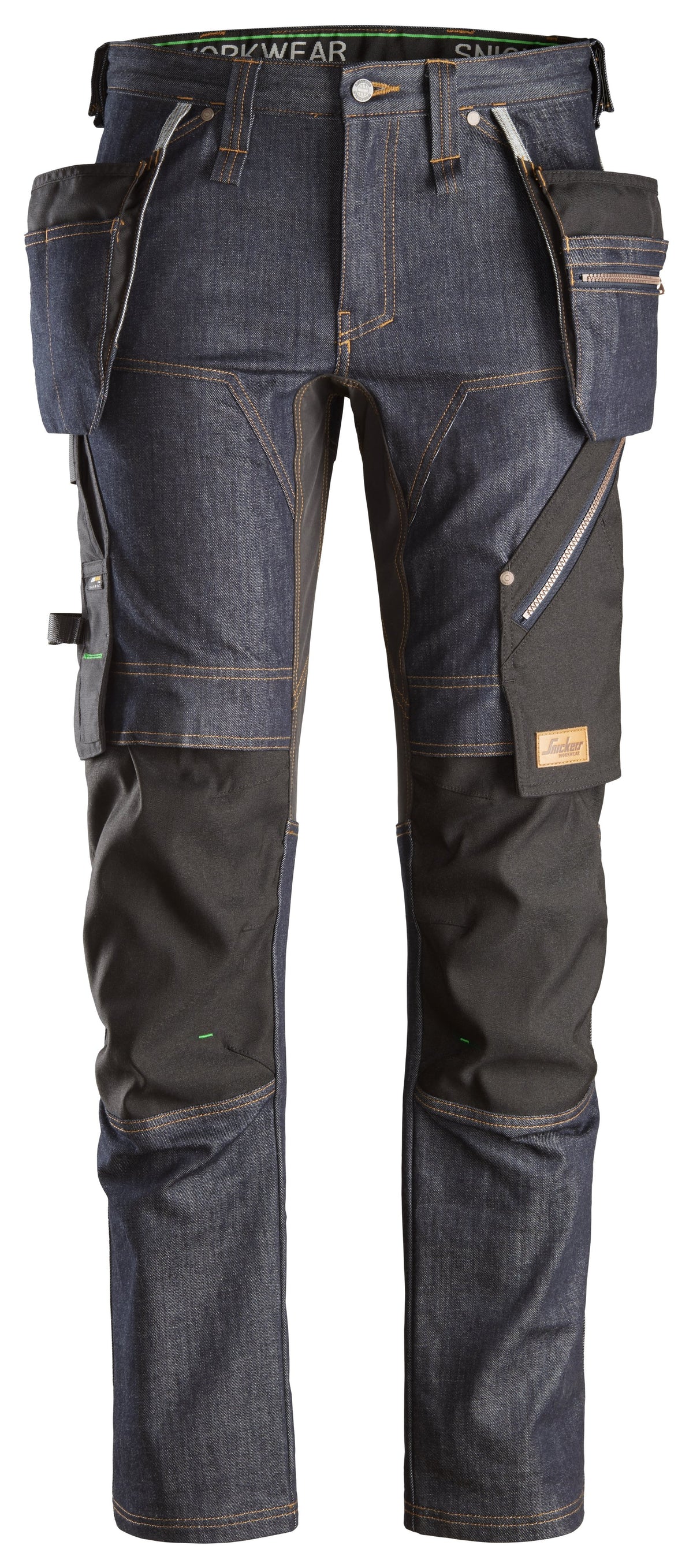 Snickers Workwear FlexiWork, Denim Work Trousers+ Holster Pockets in Denim/Black