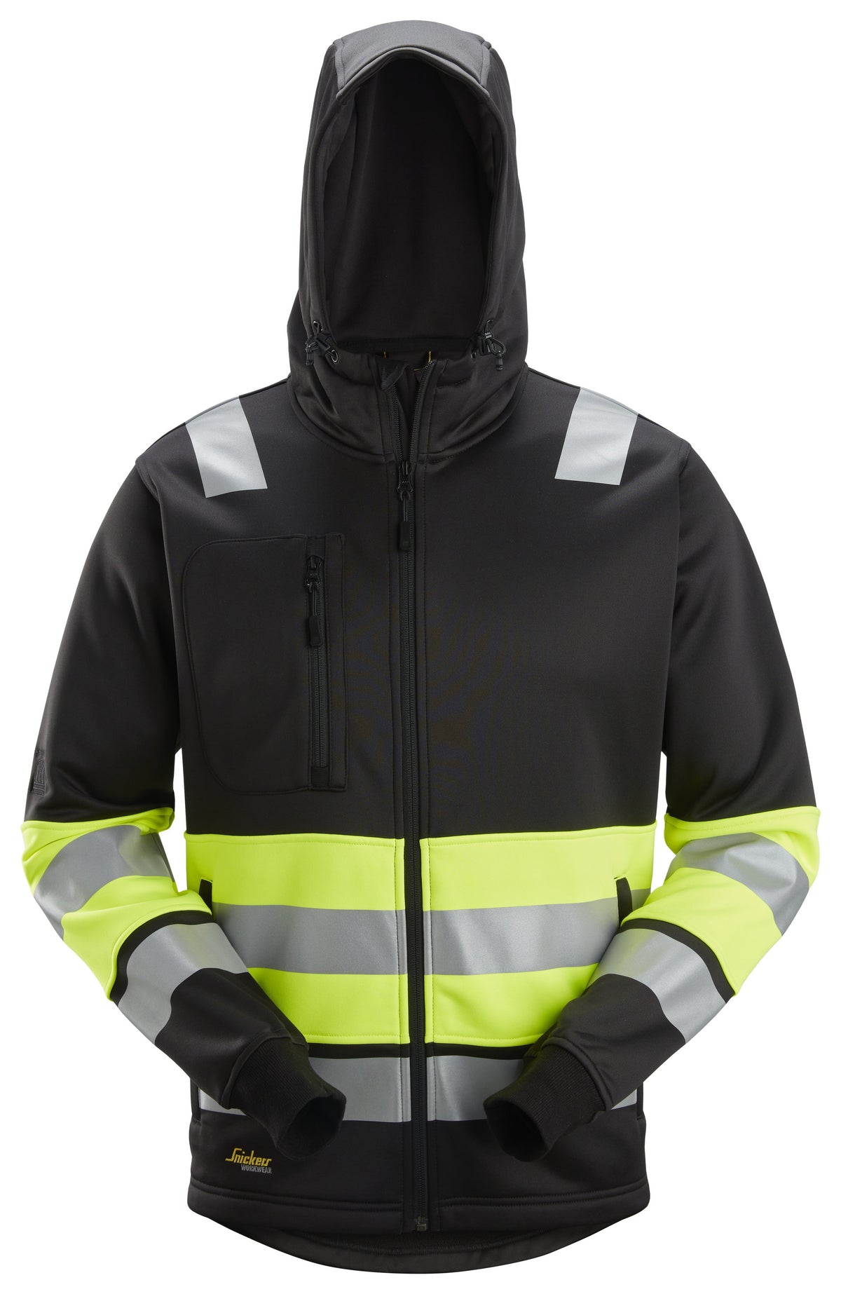 Snickers Workwear High-Vis Class 1, Full Zip Hoodie in Black/Hi-Vis Yellow
