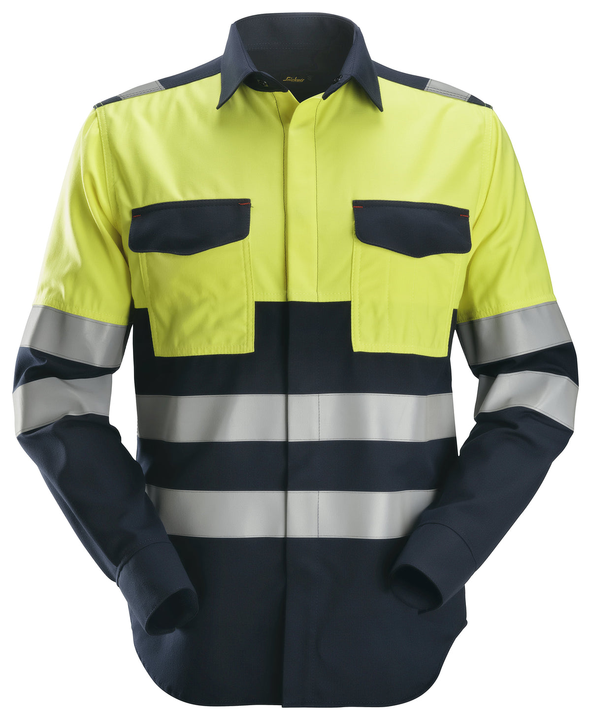Snickers Workwear ProtecWork, Long Sleeve Welding Shirt, High-Vis Class 1 in Navy/Hi-Vis Yellow