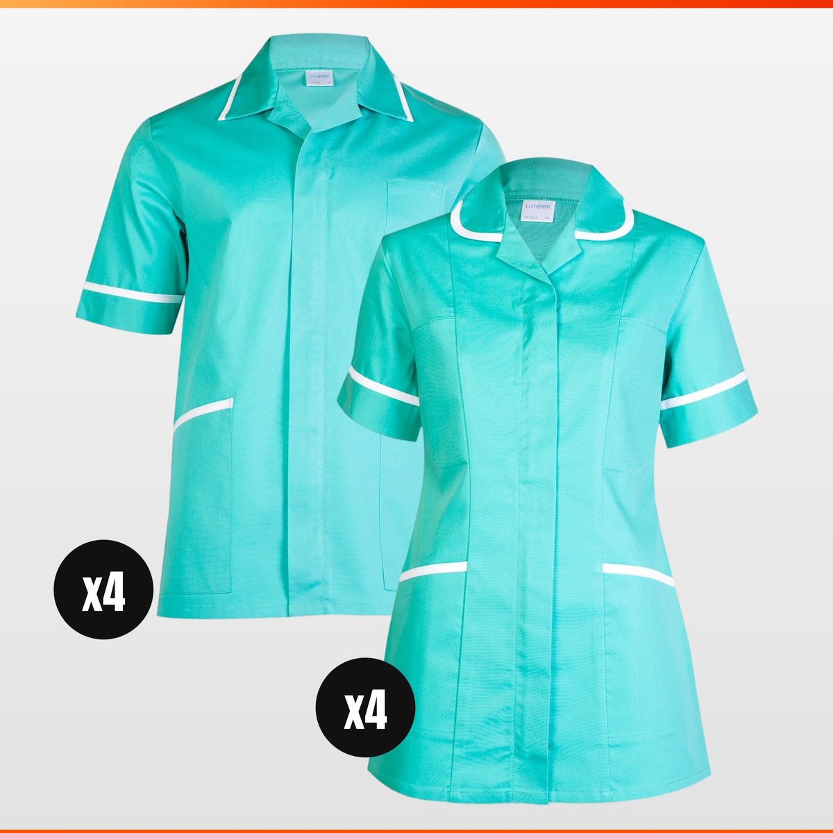 Uneek x4 Ladies + x4 Mens Tunic Pack – workwear bundle with free logo, The Workwear Co