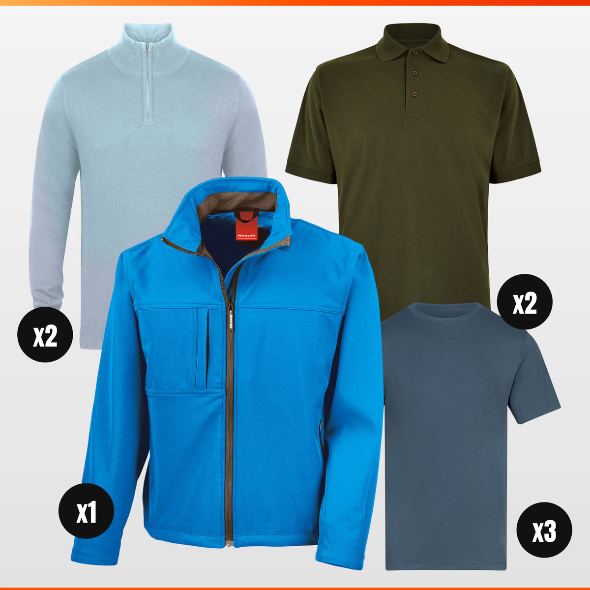 Kustom Kit x2 Polo + x3 Tee + x2 Quarter-Zip + Softshell Pack – workwear bundle, logo included in the price, The Workwear Co