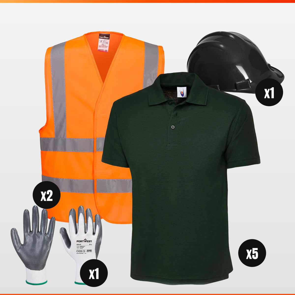 Uneek x5 Polo + x2 Hi-Vis Vest + Helmet + Gloves Pack – workwear bundle with free logo, The Workwear Co