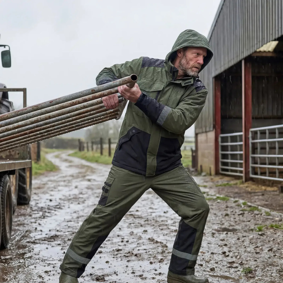 Elka waterproof workwear on farm in the rain