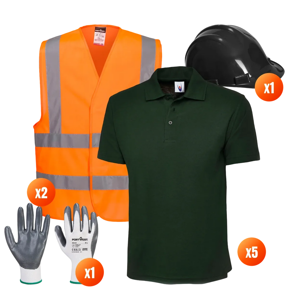 Uneek x5 Polo + x2 Hi-Vis Vest + Helmet + Gloves Pack